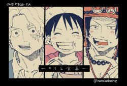 Rule 34 | 3boys, bead necklace, beads, black eyes, black hair, blush, closed eyes, collared shirt, commentary request, facing viewer, freckles, hat, index finger raised, jewelry, looking at viewer, male focus, monkey d. luffy, multiple boys, nata kokone, necklace, one piece, open mouth, pointing, portgas d. ace, sabo (one piece), scar, scar on face, shirt, short hair, teeth, translation request, twitter username, upper teeth only