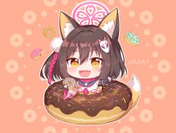 Rule 34 | 1girl, :d, animal ears, black gloves, black sailor collar, blue archive, blush, brown background, brown eyes, brown hair, doughnut, fang, food, fox ears, fox girl, fox hair ornament, fox shadow puppet, fox tail, gloves, hadanugi dousa, halo, highres, holding, holding food, in food, izuna (blue archive), japanese clothes, kaoling, kimono, long sleeves, looking at viewer, mini person, minigirl, one side up, open clothes, open kimono, open mouth, outline, partially fingerless gloves, sailor collar, shirt, sleeveless, sleeveless shirt, smile, solo, tail, translation request, white outline, white shirt, wide sleeves