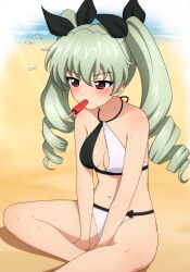 Rule 34 | 1girl, absurdres, anchovy (girls und panzer), beach, bikini, breasts, commentary, drill hair, english commentary, flying sweatdrops, food, food in mouth, girls und panzer, green hair, halterneck, highres, indian style, long hair, mouth hold, navel, official alternate costume, on ground, popsicle, popsicle in mouth, red eyes, sitting, small breasts, solo, string bikini, sweat, swimsuit, twin drills, twintails, white bikini, yisusjpl