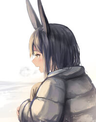 Rule 34 | 1girl, :d, absurdres, animal ears, backlighting, black hair, blush, breath, brown eyes, coat, day, from side, grey coat, highres, knees to chest, long sleeves, mosu918, open mouth, original, outdoors, profile, rabbit ears, short hair, smile, solo, winter clothes, winter coat