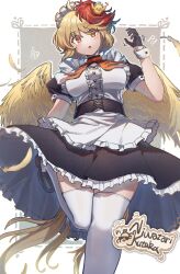 Rule 34 | 1girl, absurdres, animal, animal on head, apron, bird, bird on head, bird tail, bird wings, black dress, black footwear, black gloves, blonde hair, cafe, character name, dress, feathered wings, frilled dress, frills, gloves, hair between eyes, highres, maid, multicolored hair, niwatari kutaka, on head, orange eyes, puffy short sleeves, puffy sleeves, red hair, shishui guima, short hair, short sleeves, solo, tail, thighhighs, touhou, two-tone hair, white apron, white thighhighs, wings, yellow tail