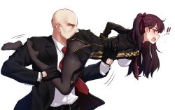 Rule 34 | !, !!, 1boy, 1girl, agent 47, aiming, bald, black dress, black gloves, black jacket, black pants, black pantyhose, braid, breasts, collared shirt, commentary request, covering privates, covering crotch, crossover, dress, embarrassed, expressionless, formal, from side, girls&#039; frontline, gloves, hair ribbon, hand on another&#039;s stomach, highres, hitman (game), jacket, long hair, long sleeves, narynn, necktie, one side up, open mouth, pants, pantyhose, purple hair, red eyes, red necktie, red ribbon, ribbon, shirt, simple background, suit, tears, thighband pantyhose, twintails, wa2000 (girls&#039; frontline), white background, white shirt