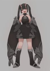Rule 34 | 1girl, black hair, collar, commentary, horns, long hair, oni, original, rabbit (wlsdnjs950), red eyes, skirt, solo, standing, tongue, tongue out, twintails