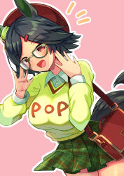 Rule 34 | 1girl, animal ears, bag, bespectacled, black-framed eyewear, black hair, breasts, collared shirt, commentary request, cowboy shot, dutch angle, ear ornament, glasses, green sweater, hair ornament, hairclip, handbag, highres, horse ears, horse girl, horse tail, large breasts, looking at viewer, notice lines, open mouth, pink background, plaid, plaid skirt, pleated skirt, red bag, red headwear, shirt, short hair, simple background, skirt, smile, solo, sweater, tail, umamusume, winning ticket (umamusume), yuutopia
