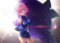 Rule 34 | 1girl, armored leotard, artist name, ass, bad id, bad pixiv id, black gloves, blue leotard, breasts, breasts apart, clothing cutout, cowboy shot, elbow gloves, eyes visible through hair, fate/grand order, fate (series), gloves, hair between eyes, highres, leotard, mash kyrielight, medium breasts, midriff, navel, orihimestudio, parted lips, pink hair, purple eyes, shiny skin, short hair, solo, standing, stomach, stomach cutout, thigh strap, watermark