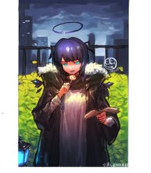 Rule 34 | 1girl, arknights, black jacket, blue eyes, blue hair, blue tongue, book, building, bush, candy, colored tongue, female focus, food, grey sky, hair between eyes, halo, highres, holding, holding book, holding candy, holding food, holding lollipop, jacket, lollipop, long hair, long sleeves, mostima (arknights), outdoors, reading, shirt, sky, skyscraper, solo, white shirt, wu-qiao