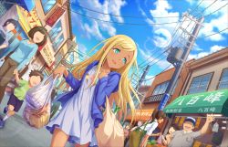 Rule 34 | apron, aqua eyes, artist request, bag, blonde hair, blue sky, child, cloud, collarbone, dark-skinned female, dark skin, day, dress, dutch angle, faceless, food, groceries, grocery bag, holding, hood, hoodie, idolmaster, idolmaster cinderella girls, idolmaster cinderella girls starlight stage, layla (idolmaster), long hair, long sleeves, looking to the side, multiple boys, multiple girls, official art, open mouth, outdoors, parted bangs, road, shop, shopping bag, sign, sky, smile, spring onion, sunlight