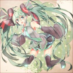 Rule 34 | 1girl, boots, bow, detached sleeves, green eyes, green hair, hair bow, hatsune miku, headset, kirushi (killcy), long hair, matching hair/eyes, necktie, open mouth, skirt, sleeves past wrists, solo, thigh boots, thighhighs, twintails, very long hair, vocaloid
