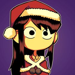 1girl absurdres black_eyes black_hair christmas commission female_focus hat highres komi-san_wa_komyushou_desu komi_shouko long_hair looking_at_viewer purple_background santa_costume santa_hat setz solo swept_bangs wide-eyed