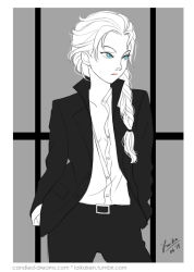 Rule 34 | 1girl, alternate costume, blue eyes, braid, breasts, contemporary, elsa (frozen), formal, frozen (disney), greyscale, hair over shoulder, hands in pockets, laikaken, monochrome, pant suit, pants, sideboob, single braid, small breasts, solo, suit, unbuttoned, unbuttoned shirt