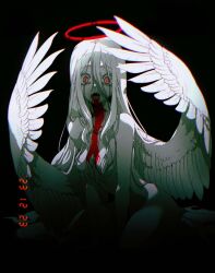 Rule 34 | 1girl, absurdly long hair, absurdres, angel wings, arms between legs, black background, blood, blood from mouth, blood on face, completely nude, dated, fangs, glowing, glowing eyes, hair between eyes, hair censor, halo, highres, horror (theme), juniper (artist), kneeling, long hair, looking at viewer, nude, open mouth, original, red eyes, red halo, solo, very long hair, white hair, wide-eyed, wings