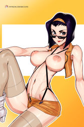 Rule 34 | 1girl, ankle boots, bbc-chan, between breasts, bob cut, boots, breasts, breasts out, brown thighhighs, cowboy bebop, eyebrows, faye valentine, hairband, highres, inverted nipples, invisible chair, leg up, light smile, lipstick, looking at viewer, looking over eyewear, looking over glasses, makeup, navel, nipples, open clothes, open vest, patreon username, perky breasts, puffy nipples, purple hair, short hair, short shorts, shorts, sitting, solo, strap between breasts, sunglasses, suspenders, thighhighs, tinted eyewear, vest, watermark, web address
