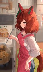 Rule 34 | 1girl, animal ears, apron, bad link, blush, box, breasts, chorefuji, closed mouth, collarbone, container, cooking, cooking pot, cup, cutting board, food, from side, grey eyes, highres, holding, holding ladle, horse ears, horse girl, horse tail, housewife, indoors, jewelry, ladle, looking down, nice nature (umamusume), pants, pink apron, refrigerator, ring, shirt, sink, smile, solo, standing, steam, stock pot, tail, twintails, umamusume, wedding band, wooden spoon
