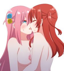 Rule 34 | 2girls, blue eyes, blush, bocchi the rock!, breasts, closed eyes, cube hair ornament, french kiss, gotoh hitori, hair ornament, highres, kiss, kita ikuyo, large breasts, long hair, looking at another, multiple girls, nipples, pink hair, red hair, sakatsu m, saliva, side ponytail, small breasts, tongue, tongue out, upper body, white background, yuri