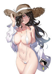 Rule 34 | 1girl, absurdres, black hair, breasts, cameltoe, closed mouth, collarbone, commentary request, expressionless, grey eyes, groin, hand on headwear, hanghan, hat, highres, holding, holding phone, large breasts, long hair, long sleeves, mole, mole under eye, navel, off shoulder, one-piece swimsuit, original, phone, shirt, simple background, slingshot swimsuit, solo, stomach, straw hat, swimsuit, wavy hair, white background, white one-piece swimsuit, white shirt, white slingshot swimsuit