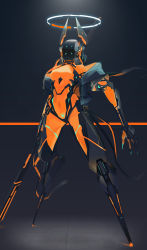 Rule 34 | 1girl, absurdres, android, cropped vest, echanis enicha, faceless, female focus, full body, glowing, halo, highres, holding, holding polearm, holding spear, holding weapon, horns, joints, legs apart, no humans, original, polearm, robot, robot joints, science fiction, solo, spear, standing, vest, weapon