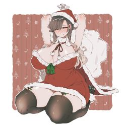 Rule 34 | 1girl, arms behind head, blush, breasts, christmas, covered navel, garter straps, grey eyes, hat, head tilt, highres, kneeling, looking at viewer, muroku (aimichiyo0526), outside border, sack, santa hat, shiny skin, solo, squinting, tareme, thick thighs, thighhighs, thighs, underbust
