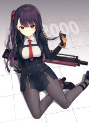 Rule 34 | 1girl, ankle boots, arm support, black footwear, black gloves, black skirt, blush, boots, braid, buckle, bullpup, character name, closed mouth, collared shirt, copyright name, girls&#039; frontline, gloves, gun, hair ribbon, high-waist skirt, high heel boots, high heels, holding, holding own hair, leaning back, long hair, long sleeves, looking at viewer, necktie, on floor, one side up, pantyhose, purple hair, red eyes, red necktie, red ribbon, ribbon, rifle, shirt, shoulder pads, silltare, sitting, skirt, sniper rifle, solo, thighband pantyhose, tile floor, tiles, twirling hair, twitter username, v-shaped eyebrows, very long hair, wa2000 (girls&#039; frontline), walther, walther wa 2000, weapon, white shirt, wing collar, yokozuwari
