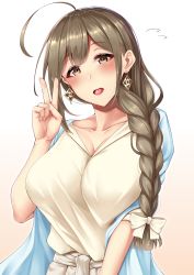 Rule 34 | 1girl, 3104 (3104milkshake), ahoge, blush, bow, braid, breasts, brown eyes, brown hair, cleavage, collarbone, commentary request, earrings, gradient background, hair over shoulder, hair ribbon, hand up, highres, idolmaster, idolmaster shiny colors, jewelry, kuwayama chiyuki, large breasts, long braid, long hair, looking at viewer, open mouth, ribbon, single braid, solo, v