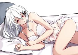 Rule 34 | 1girl, bed, breasts, cleavage, closed mouth, girls&#039; frontline, hair ornament, hairclip, hakugin006, highres, iws 2000 (girls&#039; frontline), long hair, looking at viewer, lying, medium breasts, nightgown, on side, pillow, red eyes, simple background, solo, thighs, underwear, white hair, white nightgown