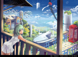 Rule 34 | 1girl, akizone, bad id, bad pixiv id, bird, blue eyes, building, cloud, day, dress, green hair, leaning forward, light smile, looking back, original, phone booth, scenery, short hair, sky, solo, tree, white dress, wind chime