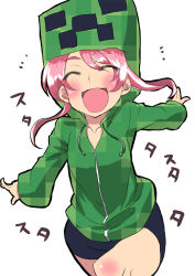 Rule 34 | 1girl, bike shorts, blush, closed eyes, collarbone, creeparka, creeper, hood, hoodie, long hair, minecraft, pirocch, red hair, running, simple background, smile, solo, white background