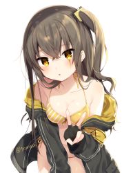 Rule 34 | 1girl, :o, bad id, bad pixiv id, bare shoulders, bikini, blush, breasts, brown hair, commentary request, front-tie bikini top, front-tie top, girls&#039; frontline, hair between eyes, highres, jacket, leaning forward, long hair, looking at viewer, mafuyu (chibi21), medium breasts, navel, off shoulder, open clothes, open jacket, open mouth, scar, side-tie bikini bottom, sidelocks, simple background, solo, swimsuit, twitter username, ump45 (girls&#039; frontline), v, white background, yellow bikini, yellow eyes