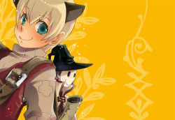 Rule 34 | 2boys, animal ears, black headwear, blonde hair, brown shirt, cat ears, closed mouth, commentary request, dutch angle, green eyes, hair between eyes, hat, holding, holding scroll, long sleeves, looking at viewer, mage (ragnarok online), male focus, mask, merchant (ragnarok online), multiple boys, otsuki (tm3n), purple hair, ragnarok online, red vest, scroll, shirt, short hair, smile, upper body, vest, witch hat