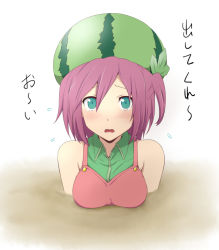 Rule 34 | 1girl, apron, aqua eyes, bare shoulders, blue eyes, breasts, buried, food, fruit, ikari manatsu, leaf, melan collie, open mouth, personification, purple hair, sand, short hair, side ponytail, solo, tears, through ground, translated, watermelon, wavy mouth