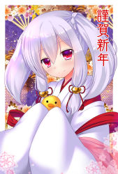 Rule 34 | 1girl, bad id, bad pixiv id, bell, bird, blush, chick, chinese zodiac, closed mouth, commentary request, floral background, flower, hair bell, hair between eyes, hair ornament, hair ribbon, head tilt, highres, holding, japanese clothes, kimono, long hair, looking at viewer, miko, muraji0419, nengajou, new year, original, red eyes, red ribbon, revision, ribbon, see-through, shawl, sidelocks, silver hair, sleeves past wrists, smile, solo, sparkle, tassel, translation request, tress ribbon, twintails, upper body, wide sleeves, year of the rooster