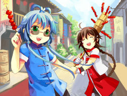 Rule 34 | 2girls, = =, bad id, bad pixiv id, blue hair, braid, brown hair, chinese clothes, chinese text, dango, feng you, feng youzi, food, glasses, hair ornament, hair rings, holding hands, long hair, luo tianyi, multiple girls, no nose, open mouth, qiannian shipu song (vocaloid), road, short hair with long locks, simplified chinese text, smile, street, sunglasses, tears, teeth, vanishing point, vocaloid, vocanese, wagashi, yuezheng ling