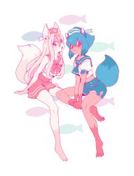 Rule 34 | 2girls, :&lt;, alternate costume, animal ears, artist name, bare shoulders, barefoot, blonde hair, blue eyes, blue hair, blue headwear, blue sailor collar, blue skirt, body fur, bow, bowtie, brand new animal, breasts, closed mouth, collarbone, crop top, female focus, fish, fox ears, fox tail, full body, furry, furry female, hair between eyes, hat, hiwatashi nazuna, invisible chair, kagemori michiru, long hair, looking to the side, marine day, midriff, miniskirt, multicolored hair, multiple girls, open mouth, own hands together, puffy short sleeves, puffy sleeves, raccoon ears, raccoon girl, red headwear, red neckwear, red sailor collar, red skirt, sailor collar, sailor hat, shirt, short hair, short sleeves, signature, simple background, sitting, skirt, sleeveless, sleeveless shirt, small breasts, souno kazuki, star (symbol), tail, teeth, twitter username, two-tone hair, white background, white shirt