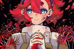Rule 34 | 1girl, black background, black hairband, blood, blood on face, blood on hands, blue eyes, dafs26, flower, gloves, gold trim, gundam, gundam suisei no majo, hair between eyes, hairband, highres, jacket, looking at viewer, own hands clasped, own hands together, pilot suit, red flower, red hair, short hair, single sidelock, smile, solo, spider lily, suletta mercury, thick eyebrows, upper body, white gloves, white jacket