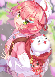Rule 34 | 1girl, 35p (sakura miko), :d, ahoge, backpack, bag, beret, birthday, cat hair ornament, cherry blossoms, commentary request, falling petals, from above, green eyes, hair ornament, hairclip, hat, highres, hololive, in bag, in container, jacket, kintoki (sakura miko), letterman jacket, long sleeves, looking at viewer, medium hair, miniskirt, official alternate costume, open bag, open mouth, outdoors, petals, pink hair, pink jacket, pink skirt, plaid, plaid skirt, pleated skirt, randoseru, red bag, sailor collar, sakura miko, sakura miko (school uniform), school uniform, shirt, skirt, smile, solo, ta shiuji30, thigh strap, thighhighs, white headwear, white sailor collar, white shirt, white sleeves, white thighhighs