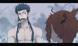 Rule 34 | 1boy, 1girl, alternate hairstyle, bare shoulders, blue eyes, collarbone, crossover, cu chulainn (caster) (fate), cu chulainn (fate), cu chulainn (fate/stay night), dated, fate/grand order, fate/stay night, fate (series), fish, fog, fujimaru ritsuka (female), hair ribbon, highres, long hair, looking at another, mouth hold, muscular, orange hair, outdoors, pectorals, ponytail, red eyes, ribbon, scene reference, signature, solkorra, spiked hair, topless male