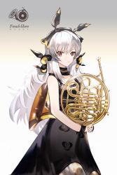 Rule 34 | 1girl, absurdres, alternate costume, animal ears, arknights, bad id, bad pixiv id, black dress, breasts, character name, closed mouth, commentary, cowboy shot, dress, english commentary, expressionless, fake animal ears, french horn, gradient background, grey background, hair ornament, highres, holding, holding instrument, instrument, l.v.c., long hair, looking at viewer, nail polish, own hands together, red eyes, silver hair, simple background, sleeveless, sleeveless dress, small breasts, solo, weedy (arknights), white background, wrist cuffs, yellow nails