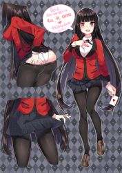 Rule 34 | 1girl, ass, breasts, clothes pull, female focus, from behind, full body, hand on ass, highres, hime cut, jabami yumeko, kakegurui, long hair, looking at viewer, multiple views, open mouth, panties, panties under pantyhose, pantyhose, pantyhose pull, shoes, skirt, smile, standing, thighband pantyhose, underwear, watashishi