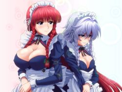 Rule 34 | 2girls, alternate costume, apron, blue eyes, braid, breast envy, breasts, cleavage, commentary request, enmaided, covered erect nipples, hair between eyes, hand on own arm, highres, hong meiling, izayoi sakuya, jealous, kezune (i- -i), large breasts, light smile, long hair, looking at another, looking down, maid, maid apron, maid headdress, multicolored background, multiple girls, nipples, red hair, short hair, silver hair, touhou, twin braids