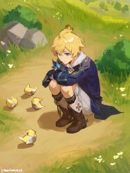 Rule 34 | 1boy, bird, blonde hair, blue eyes, blue jacket, chick, commentary, day, english commentary, genshin impact, grass, highres, hood, hoodie, jacket, kneeling, male focus, marimiho, mika (genshin impact), nature, outdoors, scenery, short hair, solo, white hoodie, wide shot