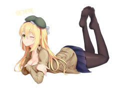 Rule 34 | 1girl, ;), absurdres, bad id, bad pixiv id, beret, black pantyhose, blonde hair, blue skirt, breasts, brown shirt, cleavage, closed mouth, collarbone, collared shirt, crossed arms, feet, full body, girls&#039; frontline, greem bang, green eyes, green hat, hair between eyes, hat, highres, legs up, long hair, looking at viewer, lying, m1 garand (girls&#039; frontline), medium breasts, miniskirt, no shoes, on stomach, one eye closed, pantyhose, pleated skirt, shiny skin, shirt, simple background, skirt, smile, soles, solo, the pose, toes, white background