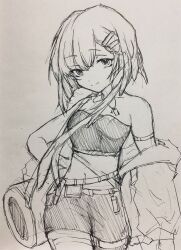 Rule 34 | 1girl, absurdres, arknights, arm strap, bare shoulders, cowboy shot, dog tags, fire whistle (arknights), hair ornament, hairclip, highres, jacket, long sleeves, looking at viewer, midriff, monochrome, navel, off shoulder, short hair, short shorts, shorts, sketch, smile, solo, standing, stomach, strapless, traditional media, tube top, xieyadadaozuigaodian