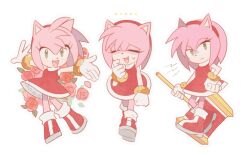 Rule 34 | 1girl, amy rose, animal ears, animal nose, arms up, bare shoulders, blush, boots, bracelet, clenched hand, closed eyes, closed mouth, dress, eyelashes, fang, flower, full body, furry, furry female, gloves, gold bracelet, green eyes, hairband, hammer, hand on own hip, hand up, hedgehog ears, hedgehog girl, hedgehog tail, highres, holding, holding hammer, holding weapon, jewelry, leaf, looking at viewer, open mouth, petals, toy hammer, pink flower, pink fur, pink rose, red flower, red footwear, red hairband, red rose, risgard9, rose, simple background, sleeveless, sleeveless dress, smile, solo, sonic (series), standing, sweatdrop, tail, tongue, turtleneck, turtleneck dress, walking, weapon, white background, white gloves