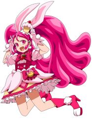 Rule 34 | 1girl, :d, absurdres, animal ears, blush, bow, bowtie, choker, cure whip, earrings, ebura din, floating hair, full body, gloves, hair between eyes, high heels, highres, jewelry, kirakira precure a la mode, long hair, miniskirt, open mouth, pink hair, precure, rabbit ears, red bow, red bowtie, red choker, red eyes, red footwear, shirt, short sleeves, simple background, skirt, smile, solo, twintails, very long hair, white background, white gloves, white shirt