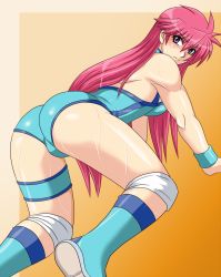 Rule 34 | 1girl, all fours, ass, back, boots, breasts, leotard, long hair, looking back, mighty yukiko, pink hair, purple eyes, solo, sweat, taroimo (00120014), wrestle angels, wrestle angels survivor, wrestling outfit, wristband