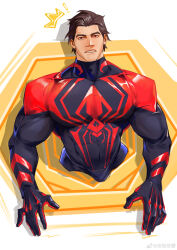 Rule 34 | 1boy, absurdres, animal print, artist request, bara, blue bodysuit, bodysuit, broad shoulders, hair slicked back, highres, large pectorals, looking at viewer, male focus, marvel, miguel o&#039;hara, muscular, muscular male, pectorals, print bodysuit, red bodysuit, short hair, solo, spider-man: across the spider-verse, spider-man (2099), spider-man (series), spider-verse, spider print, stuck, thick eyebrows, through wall, two-tone bodysuit