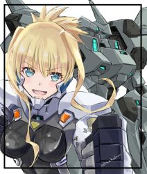 Rule 34 | 1girl, artist name, black border, blonde hair, border, breasts, ef-2000 typhoon (muv-luv), fortified suit, gloves, grey gloves, highres, ilfriede von feulner, jun (rellik &amp; redrum), looking at viewer, mecha, medium breasts, muv-luv, muv-luv alternative, open mouth, pilot suit, robot, smile, tactical surface fighter, the euro front, v-shaped eyebrows, white background
