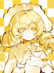Rule 34 | 1girl, ahoge, blonde hair, checkerboard cookie, checkered background, closed mouth, cookie, cup, drill hair, food, hat, holding, holding cup, holding saucer, light blush, light frown, mahou shoujo madoka magica, saucer, shirt, solo, tomoe mami, upper body, wei er chenxing, yellow eyes