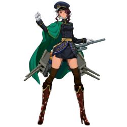Rule 34 | black thighhighs, blue hat, canarias, full body, hair over one eye, hat, legs apart, official art, peaked cap, salmon88, simple background, solo, standing, thighhighs, victory belles, wavy hair, white background