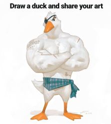 Rule 34 | 1boy, bara, bird boy, chest hair, clothes around waist, crossed arms, draw a duck and share your art (meme), duck boy, eyepatch, frown, full body, furry, furry male, highres, looking to the side, male focus, meme, muscular, muscular male, original, pectorals, short hair, shoulder tattoo, solo, taran fiddler, tattoo, thick eyebrows, topless male, white background