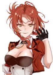 Rule 34 | 1girl, black gloves, breasts, closed mouth, gloves, highres, honkai (series), honkai impact 3rd, jacket, lipstick, looking at viewer, makeup, mole, mole on breast, murata himeko, murata himeko (battle storm), red hair, red jacket, simple background, sleeves rolled up, smile, solo, strapless, tube top, white background, yamabuki0211, yellow eyes